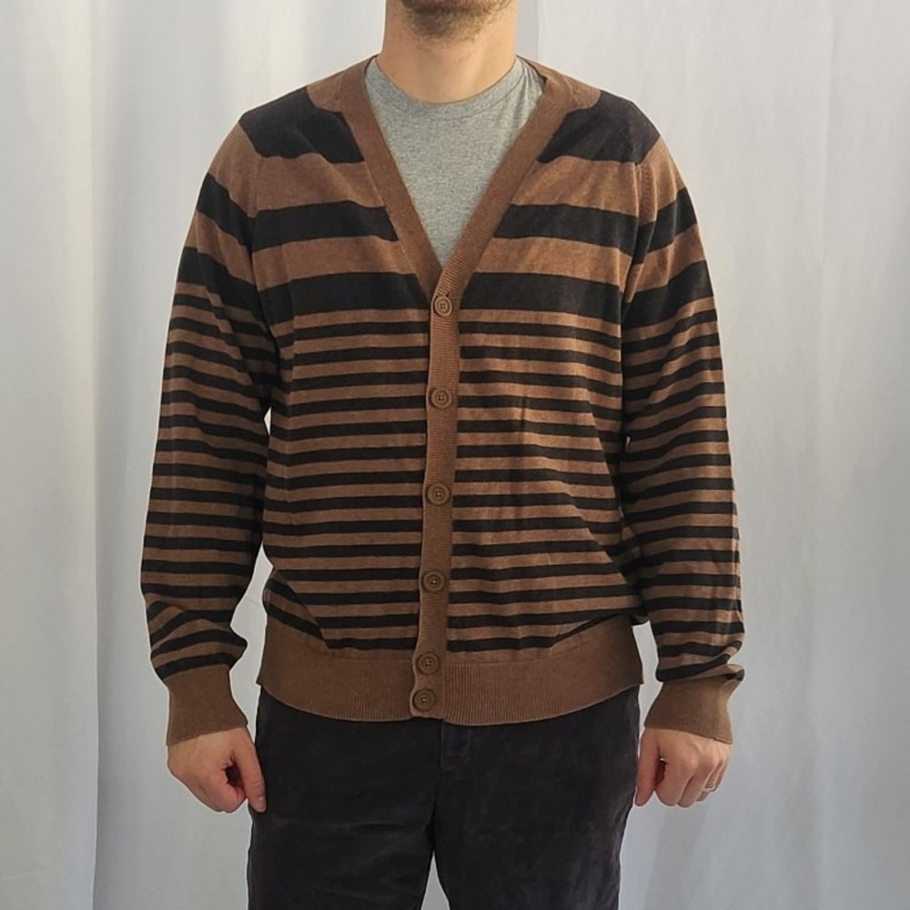 Gap 100% Cotton Tan‎ and Gray Striped Cardigan